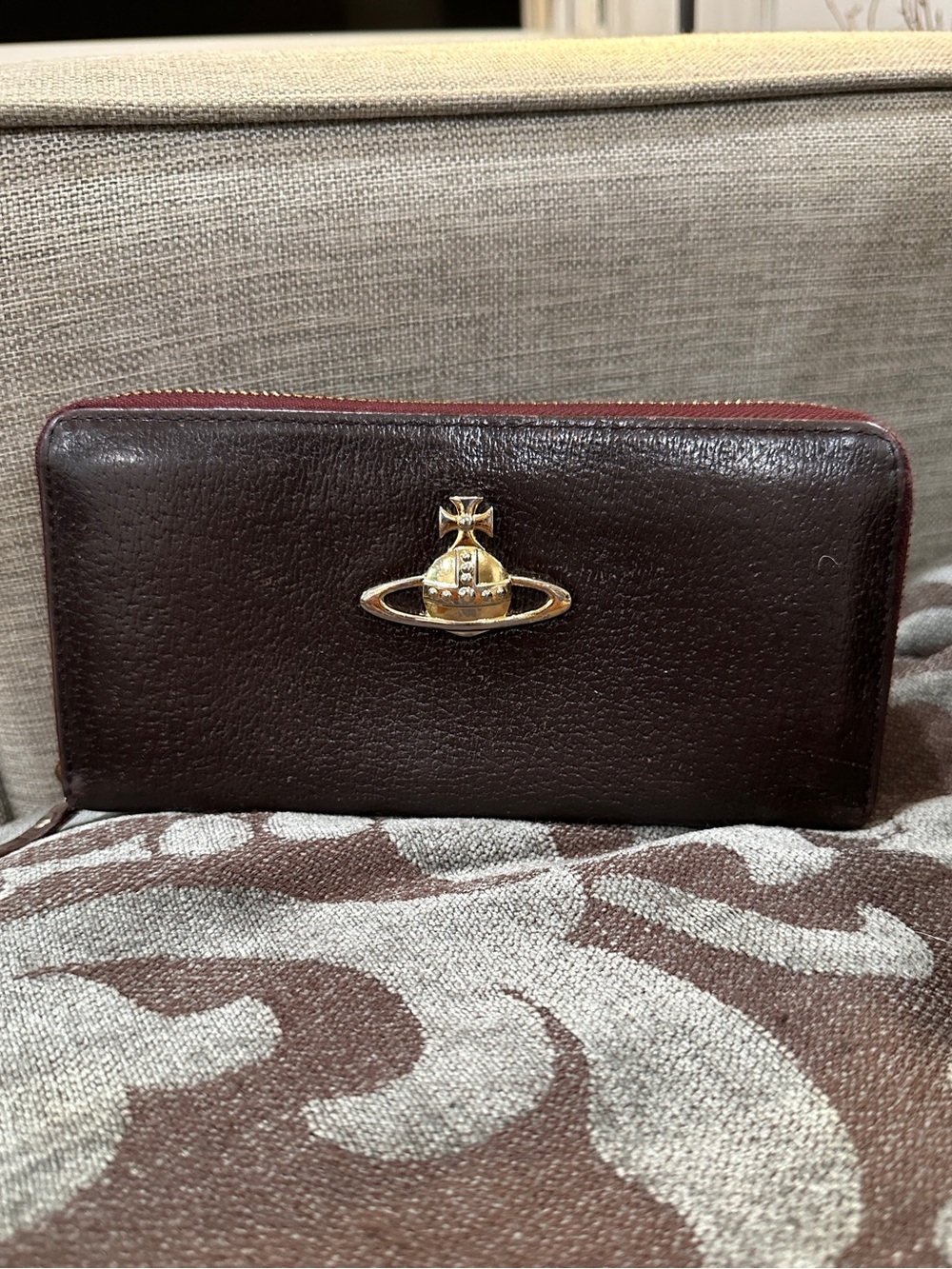 Vivienne Westwood Dark Burgundy Leather Zip Wallet with Gold Orb